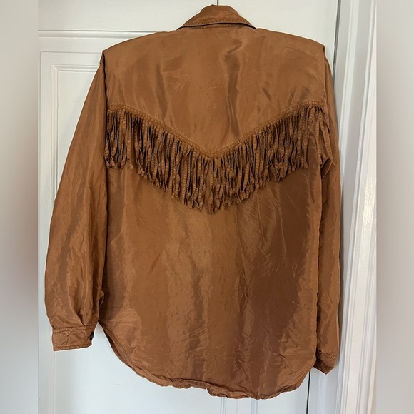 Vintage 100% Silk Fringe Western Shirt – Brown Cowboy Boho Top Size S Fiji Sport - Picture 6 of 7